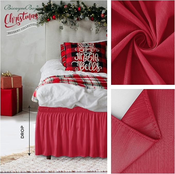 Biscaynebay Wrap Around Bed Skirts for King & Cal King Beds 15" Drop, Christmas Red Adjustable Elastic Dust Ruffles Easy Fit Wrinkle & Fade Resistant Silky Luxurious Fabric Machine Washable