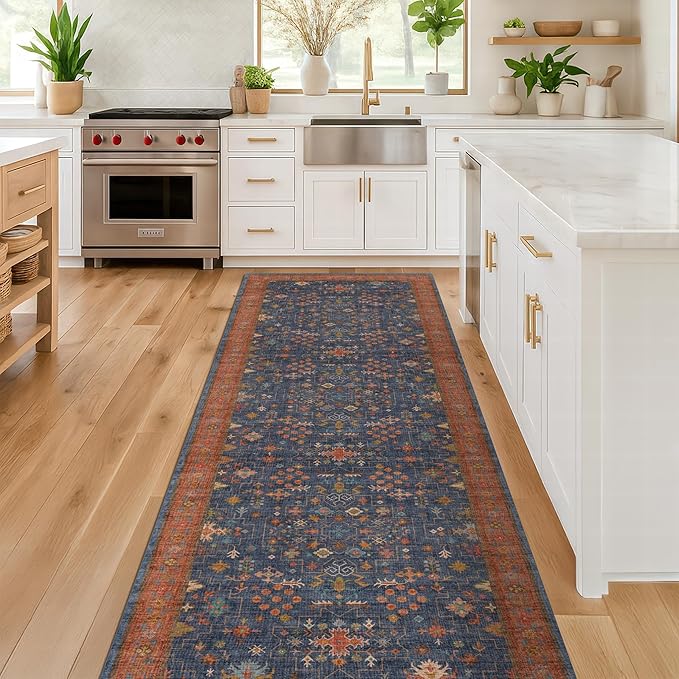 Navy Blue Washable 10 ft Long Runner for Kitchen Floor - 2'6"X10' Runner Rug for Hallway, Entryway, Pet Friendly Waterproof Non Slip with Rubber Backing, Stain Resistant Area Rug