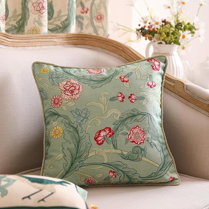 patdrea Designer Pack of 2 Square Throw Pillow Covers,French Vintage Rustic Linen with Green Floral Pattern Pillows Cover,Decorative Pillowcases Cushion for Bed Living Room Outdoor Car,18"x18"