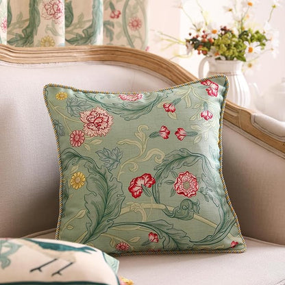 patdrea Designer Pack of 2 Square Throw Pillow Covers,French Vintage Rustic Linen with Green Floral Pattern Pillows Cover,Decorative Pillowcases Cushion for Bed Living Room Outdoor Car,18"x18"