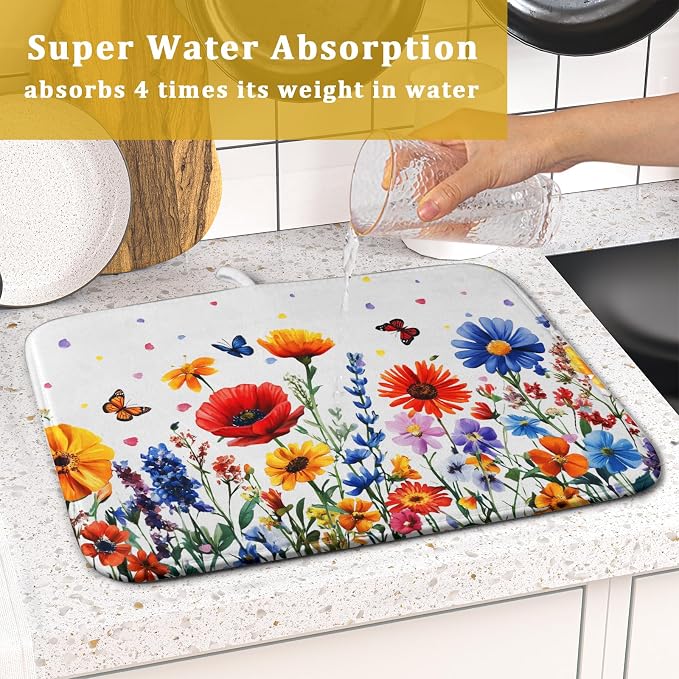 Watercolor Flower Dish Drying Mat 16x18 Inch Floral Butterfly Dish Drainer - Image 7