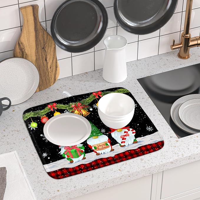 Merry Christmas Dish Drying Mat Black Gnomes Dish Drainer Mats 16x18 Inch - Image 6