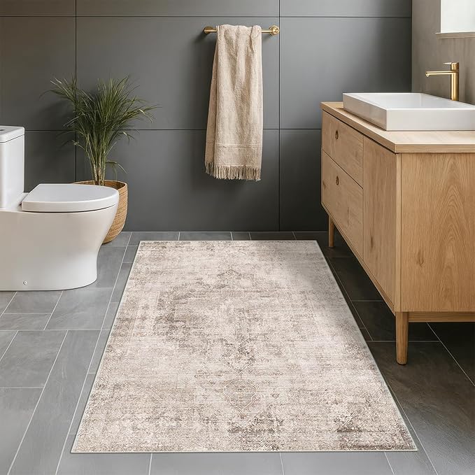 Washable Beige Brown Rugs for Entryway Indoor - 3x4 Throw Rug for Large Kitchen, Bedroom Bedside, Bathroom, Mudroom, Mordern Abstract Medallion Décor, Non Slip Low Pile Fade Resistant
