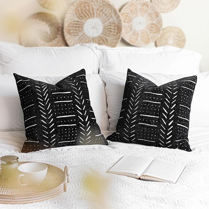 BlissBlush Black Decorative Throw Pillow Covers 22X22, Set of 2, Boho Farmhouse Cushion Cover, Cozy Soft Accent Pillowcase for Couch Sofa Bed Living Room Home Décor