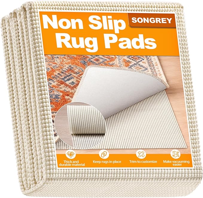 Songrey Non-Slip Rug Pad 4x6 FT, Extra Thick Carpet Pads for Hard Surfaces, Prevents Sliding and Secures Rugs, Provides Floor Protection with Comfort Cushioning