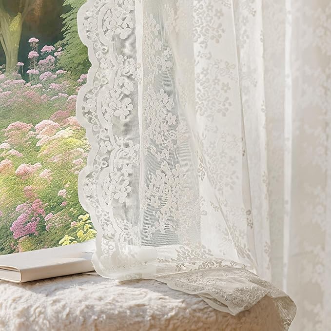 Anmao Vintage Lace Curtains 45 Inches Long 2 Panels Set, Romantic Elegant Light Filtering Semi Sheer Floral Thick Lacy Curtain Drapes for Living Room and Bedroom, Each Panel 55W x 45L, Beige Plum