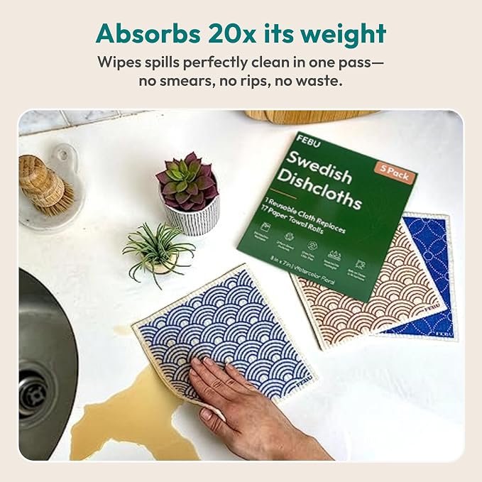 FEBU Swedish Dishcloths for Kitchen | 5 Pack Neutral Reusable Paper Towels - Image 2