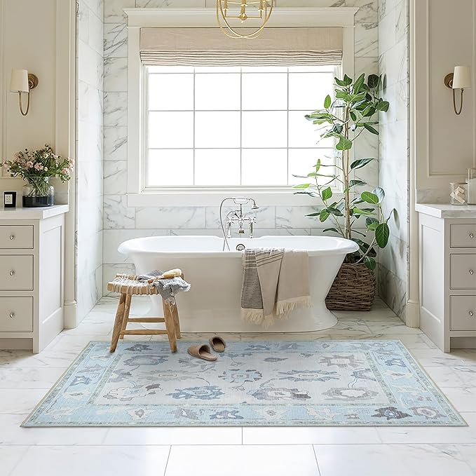 Fame Living Cream Blue Oushak Rug, Modern, Vintage, Turkish, Eclectic, Floral, Pastel, Washable, Extra Large Area Rugs for Living Room, Dining, Bedroom, Lounge, 9'x12'