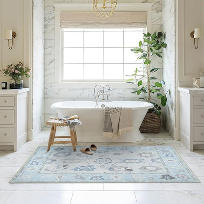 Fame Living Cream Blue Oushak Rug, Modern, Vintage, Turkish, Eclectic, Floral, Pastel, Washable, Extra Large Area Rugs for Living Room, Dining, Bedroom, Lounge, 9'x12'