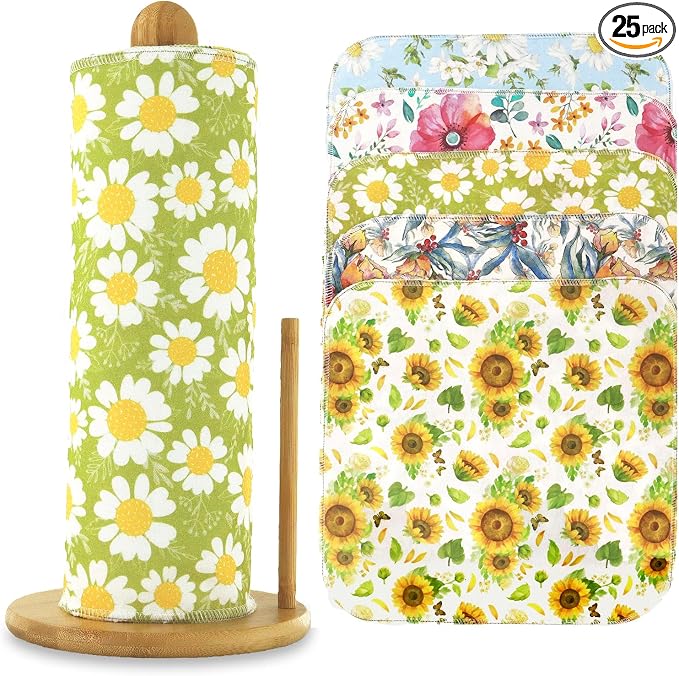 25 Pack Reusable Paper Towels, Paperless Towels Roll Washable Cotton Cloth by ROGITU