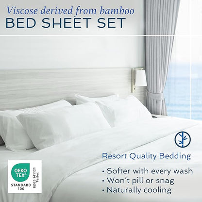 Hotel Sheets Direct 4 Piece Bed Sheet Set California King Size, 100% Viscose Derived from Bamboo Sheets Set with 2 Pillowcases, Cooling & Breathable Luxury Bedding, Moisture-Wicking, Light Blue