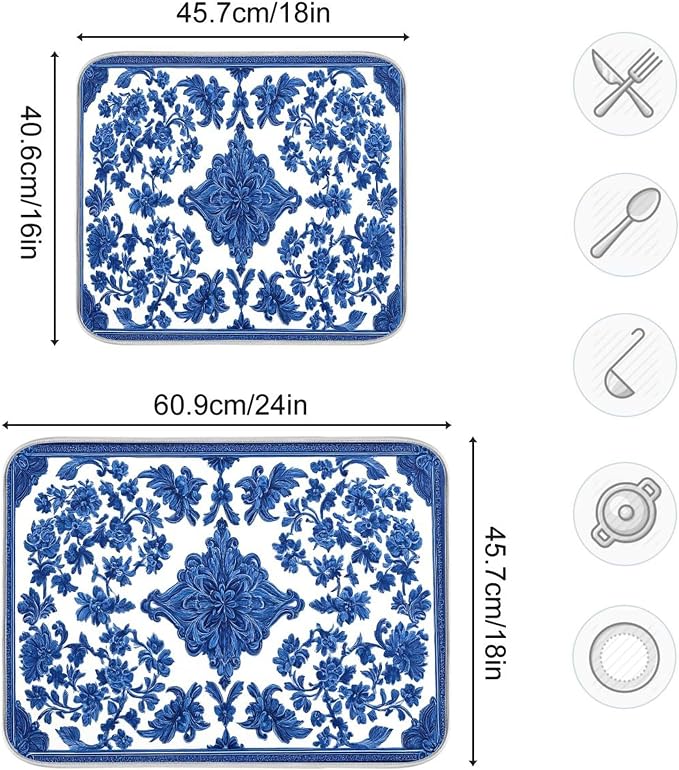 Blue White Porcelain Floral Dish Drying Mat - Image 3