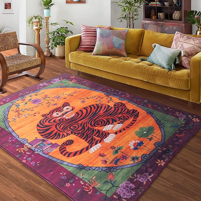 Tiger Rug Washable 4x6 ft Oriental Traditional Animal Print Vintage Fuchsia by CILEPMID-TimelessComfort