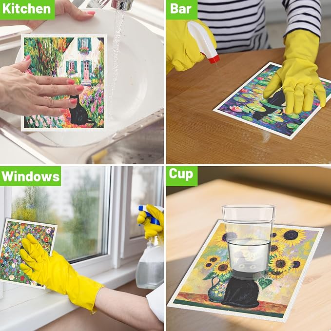 Swedish Dishcloths for Kitchen, 6 Pack Oil Painting Black Cat Reusable Paper - Image 6