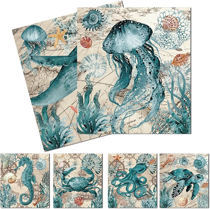 Blue Sea Swedish Dishcloths for Kitchen, 6 Pack Reusable Sea Animal Pattern by VISSTREE