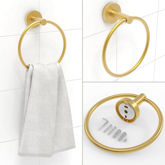 3pc Bathroom Hardware Set with Brushed Brass Toilet Paper Holder & Towel Ring & - Image 3