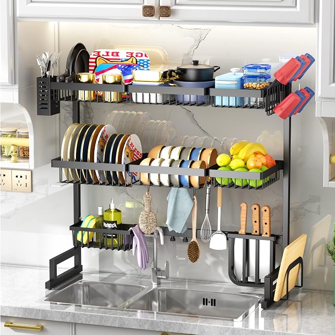 Over The Sink Dish Drying Rack, 3 Tier Adjustable Large Capacity Kitchen - Image 4
