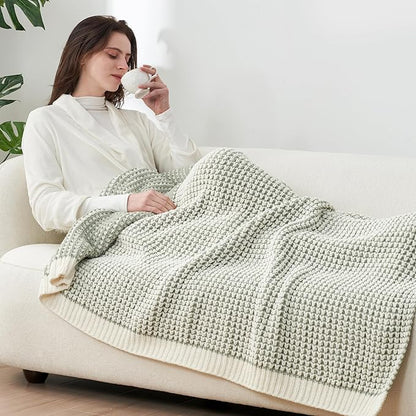Amélie Home Waffle Chenille Throw Blanket for Couch, Pineapple Stitch Knit Soft Cozy Knit Blanket Decorative Throw for Sofa, Chair, 50"x60", Sage Green&Ivory