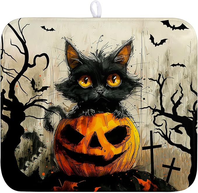 Black Cat Halloween Kitchen Dishes Drying Mat 16x18 Inch Halloween Fall Pumpkin by Wnoesat