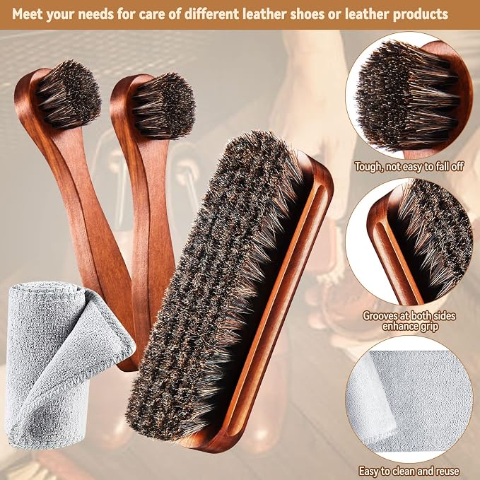 4 Pcs Horsehair Shoe Brush Kit Polishing Daubers Applicators Leather Care - Image 3