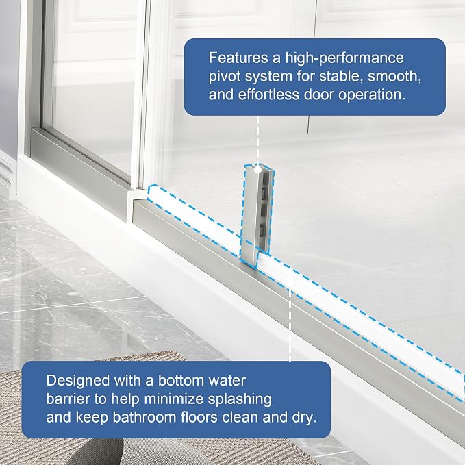 Semi Frameless Pivot Shower Door 42-48" W x 72" H, Swing Shower Glass Doors - Image 8