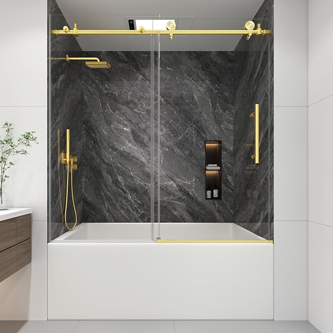 KPUY Tub Shower Door, 55-60" W x 60" H Frameless Sliding Bathtub Door, 1/4" by KPUY