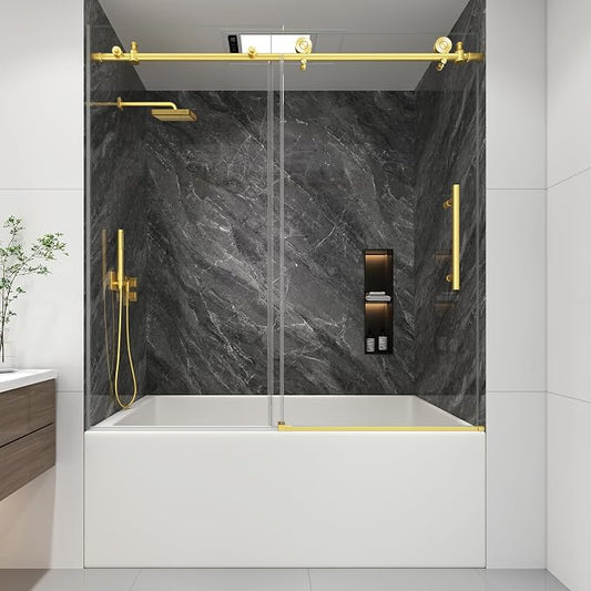 KPUY Tub Shower Door, 55-60" W x 60" H Frameless Sliding Bathtub Door, 1/4" by KPUY