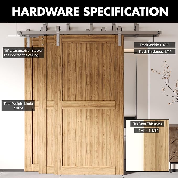 Homacer Brushed Nickel Rustic Triple Track Bypass Sliding Barn Door Hardware Kit - Image 2