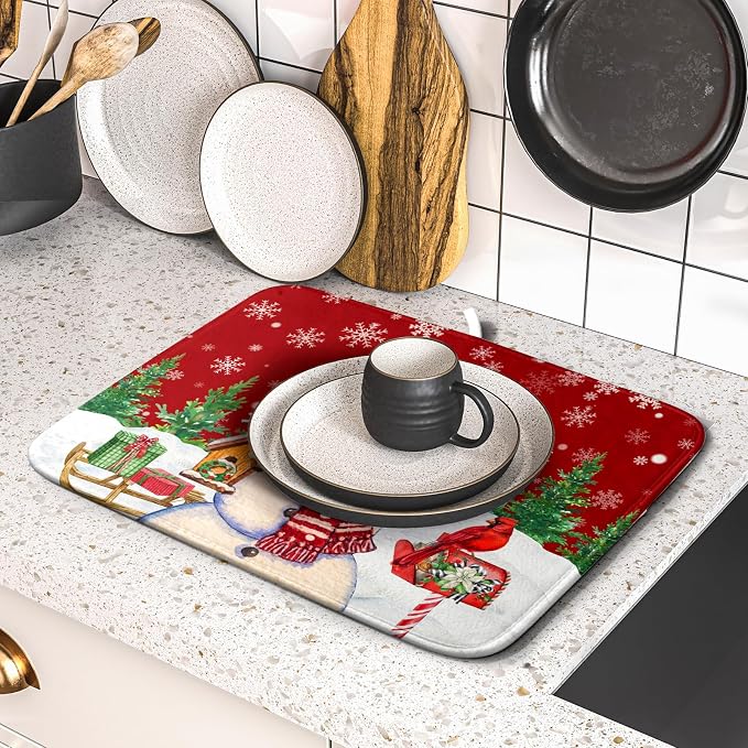 Winter Snowman Dish Drying Mat Red Bird Microfiber Dish Pad 16x18 Inch - Image 5