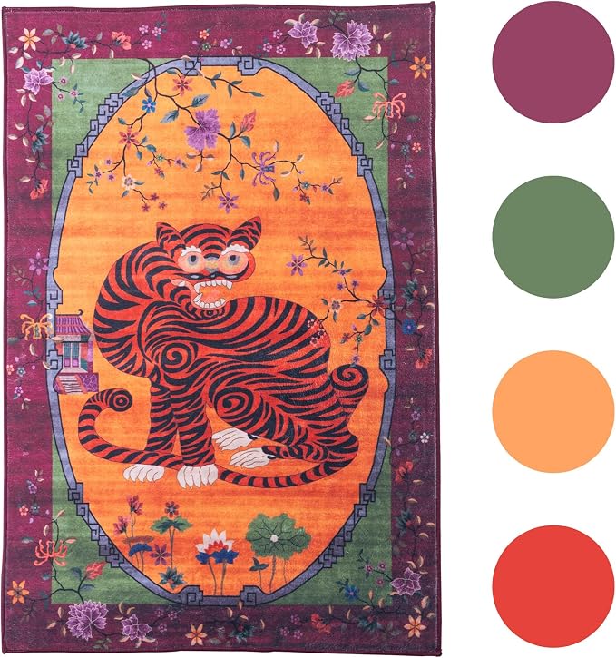 Tiger Rug Washable 4x6 ft Oriental Traditional Animal Print Vintage Fuchsia - Image 9
