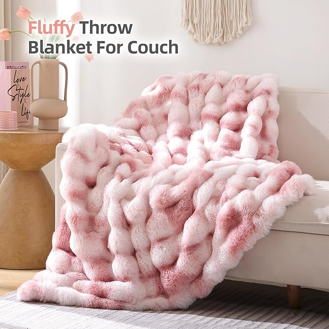 Smoofy Faux Fur Throw Blanket for Couch Rabbit Fleece - Tie-dye Pink Fluffy Blanket for Sofa Bedroom Living Room, Cozy Soft Plush Luxury Thick Winter Fuzzy Comfy Bubble Blanket - 50" x 60"