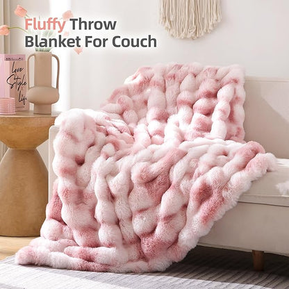 Smoofy Faux Fur Throw Blanket for Couch Rabbit Fleece - Tie-dye Pink Fluffy Blanket for Sofa Bedroom Living Room, Cozy Soft Plush Luxury Thick Winter Fuzzy Comfy Bubble Blanket - 50" x 60"