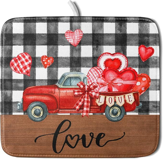 Valentine's Day Red Heart Truck Dish Drying Mat by Anyako