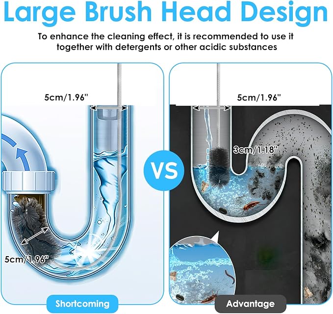 2 Pcs Flexible Drain Pipe Cleaning Brush, 2 Brush Head Sizes - Image 3