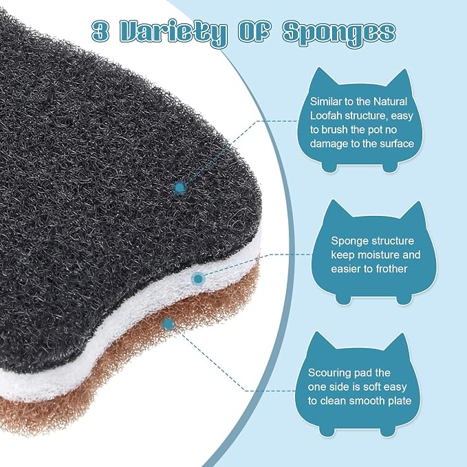 12 Pcs Cat Kitchen Sponges for Dishes Double Sided Cleaning Dish Scrub Sponge - Image 3