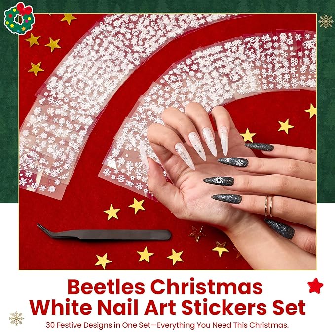 Beetles Snowflake Nail Art Stickers 30 Sheets 3D Nail Stickers White Snowmen - Image 6