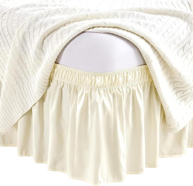 Ivory Wrap Around Bed Skirts with 16" Drop - Three Sides Fabric Adjustable Elastic Dust Ruffle Silky Soft -600 TC Stretchy Bed Skirt-Short Queen(60"X 75") Ivory