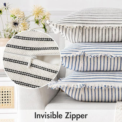 MIULEE Pack of 2 Black Pillow Covers 24x24 Inch Striped Farmhouse Couch Throw Pillow Covers with Fringe Chic Linen Decorative Cushion Eruo Sham for Sofa Living Room Bed Outdoor Home Decor
