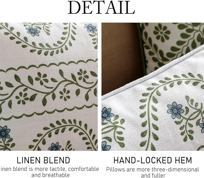 ISAENNE Design Fresh Linen Rectangular Throw Pillow Covers 12"x20" Pack of 2, French White Cottage Cushion Covers with Green Branches Pattern Decoration Pillowcases for Bed,Living Room,Outdoor,Car