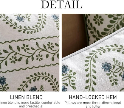 ISAENNE Design Fresh Linen Rectangular Throw Pillow Covers 12"x20" Pack of 2, French White Cottage Cushion Covers with Green Branches Pattern Decoration Pillowcases for Bed,Living Room,Outdoor,Car