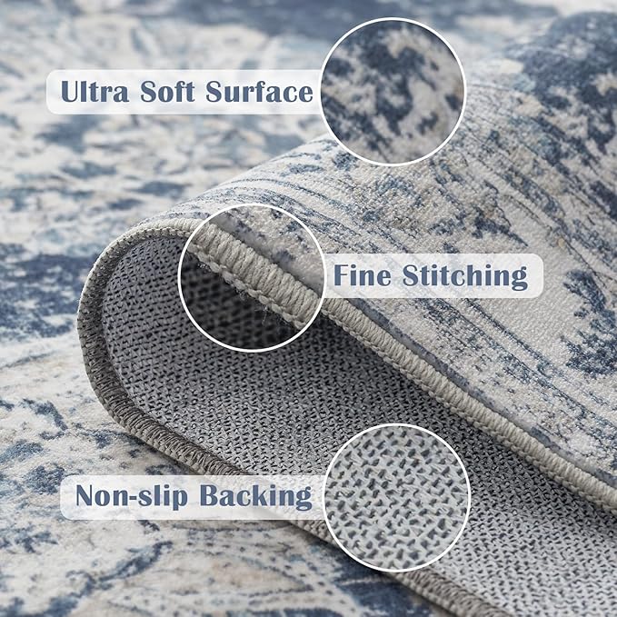 jinchan Fiora Runner Rug 2x6 Washable Hallway Runner - Vintage Floral Non Slip Low-Pile Soft Thin Kitchen Rug Distressed Carpet for Farmhouse Bedroom Entryway Laundry Room(2x6ft, Dark Blue)