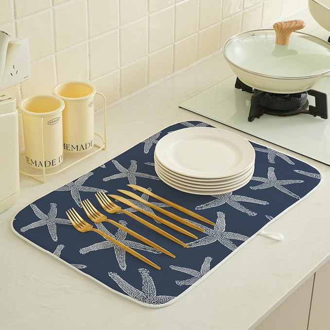 Navy Blue Starfish Coastal Dish Drying Mats 18x24 Inch Coastal Nautical Summer - Image 3