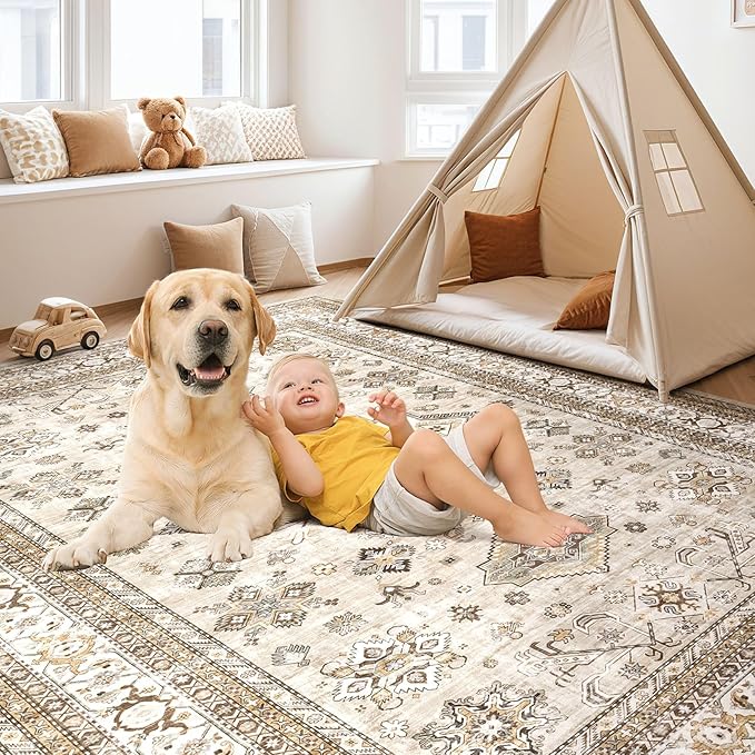 Vintage Living Room Area Rug 10x12 - Large Soft Washable Oriental Traditional Distressed Farmhouse Rugs for Bedroom - Indoor Floor Accent Carpet for Home Office House Decor - Beige