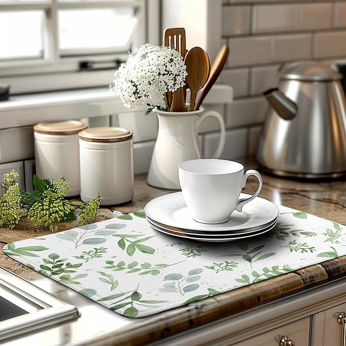 Summer Sage Green Leaves Dish Drying Mat Spring Eucalyptus Leaf Kitchen Dish - Image 6