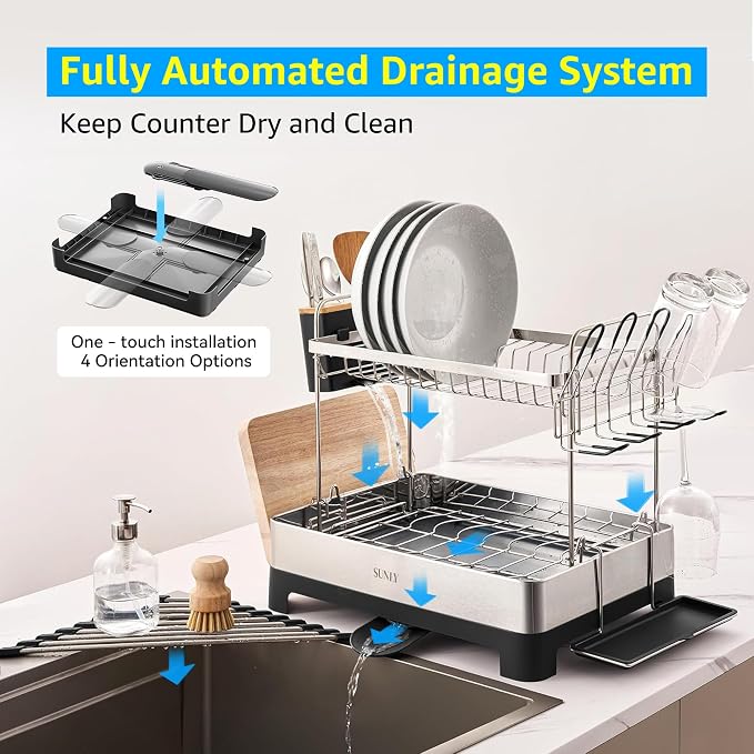 SUNLY 2 Tier Dish Drying Rack, Extra Large Dish Rack, 304 Stainless Steel - Image 4