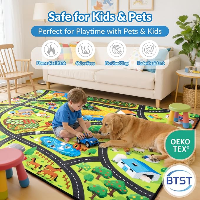 Kids Rug, Fun Farm Car Rugs for Kids' Toy Cars, 4x6 FT Extra Thick Toddler Car - Image 4