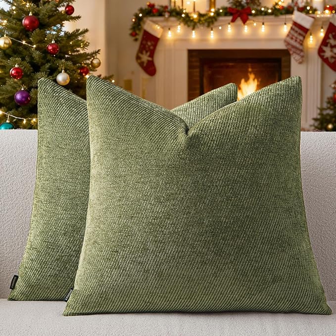 a moment Pack of 2 Decorative Chenille Throw Pillow Covers with Twill Cushion Covers for Sofa Living Room Couch Bed 16x16 Inch Moss Green