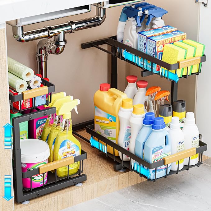 ADBIU Under Sink Organizer, 2 Pack 2 Tier Expandable Height Pulling Out Kitchen by ADBIU