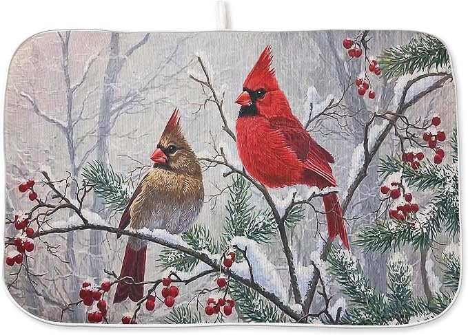 Christmas Dish Drying Mats 18x24 Inch Snow Red Bird Drying Mats Xmas Farmhouse by GOLIANDA