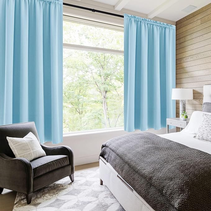 DWCN Blackout Curtains Room Darkening Thermal Insulated Bedroom Curtains Window Curtain Panels, 52 x 63 inches Long, Set of 2 Light Blue Rod Pocket Drapes